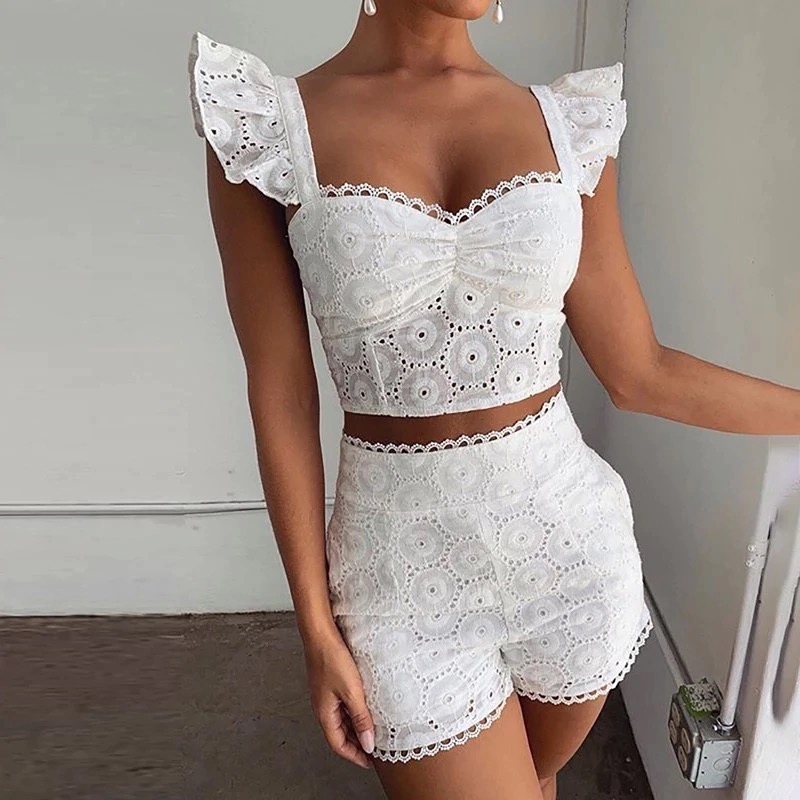 Katrina French Lace Two Piece Crop And Shorts - Luxette Boutique