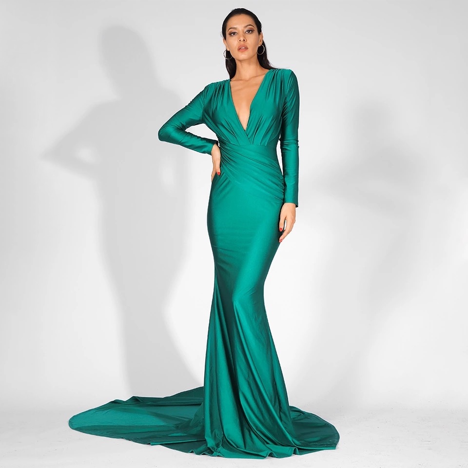 LB1904 ANYA - EMERALD - Luxette Boutique Long Sleeve Red Mermaid Gown