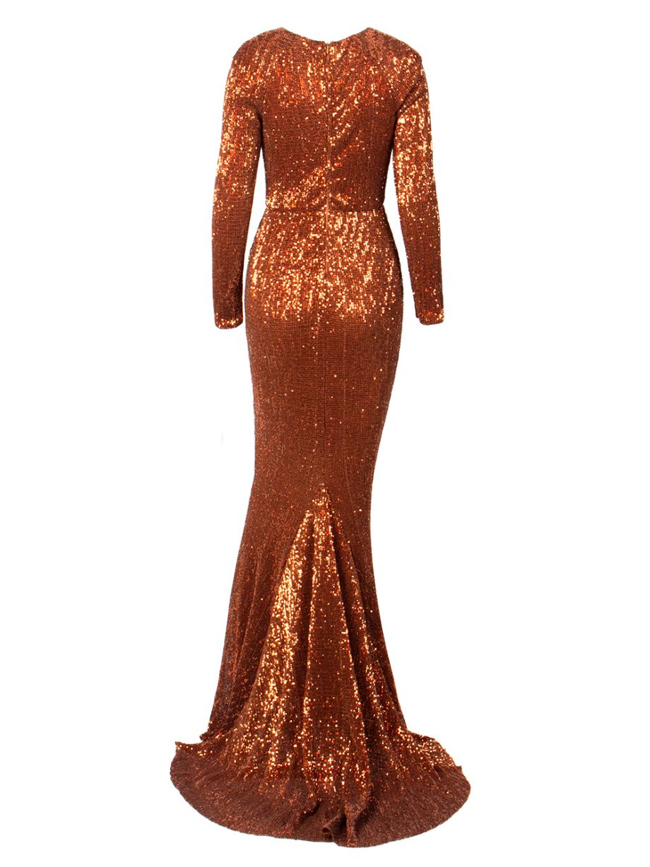 LB1901 RUST - Luxette Boutique Long Sleeve Sequin Mermaid Gown