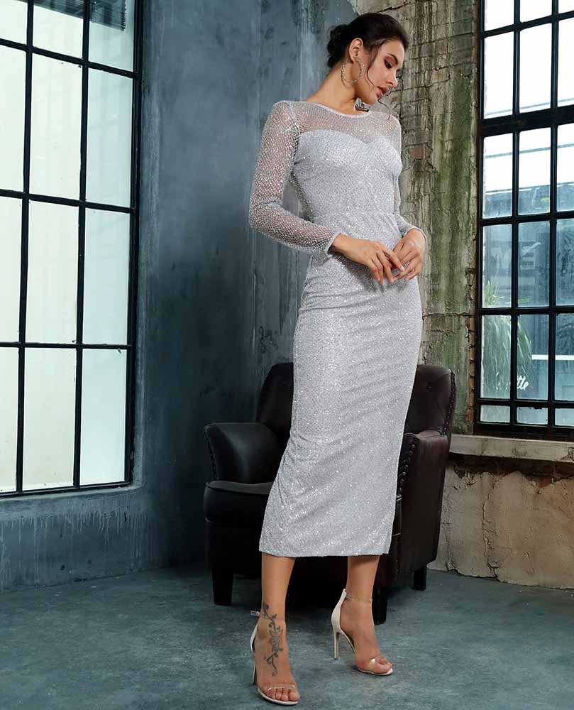 Charlotte Ankle Dress - Silver - Luxette Boutique Long Sleeve Glitter ...