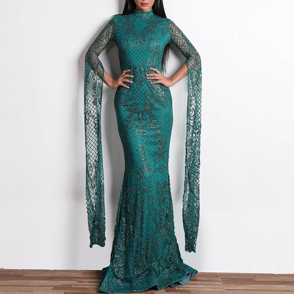 Alistair gown Luxe Emerald sparkling glitter gown Cape Sleeves
