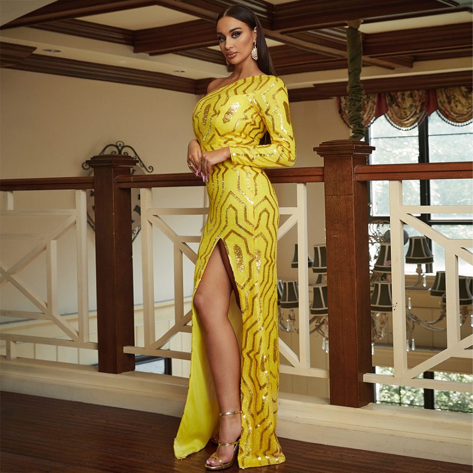 LB221029 Yellow Sequins One Sleeve High Split Maxi Dress