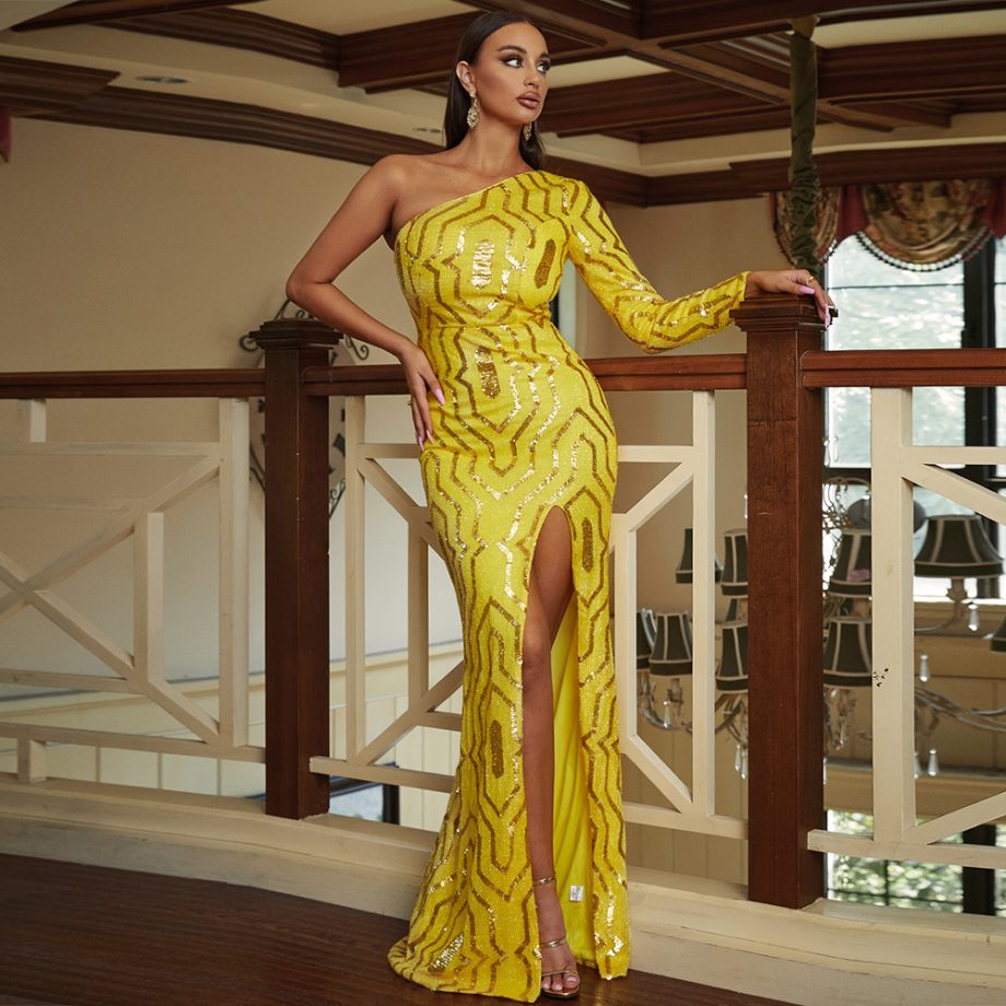 LB221029 Yellow Sequins One Sleeve High Split Maxi Dress